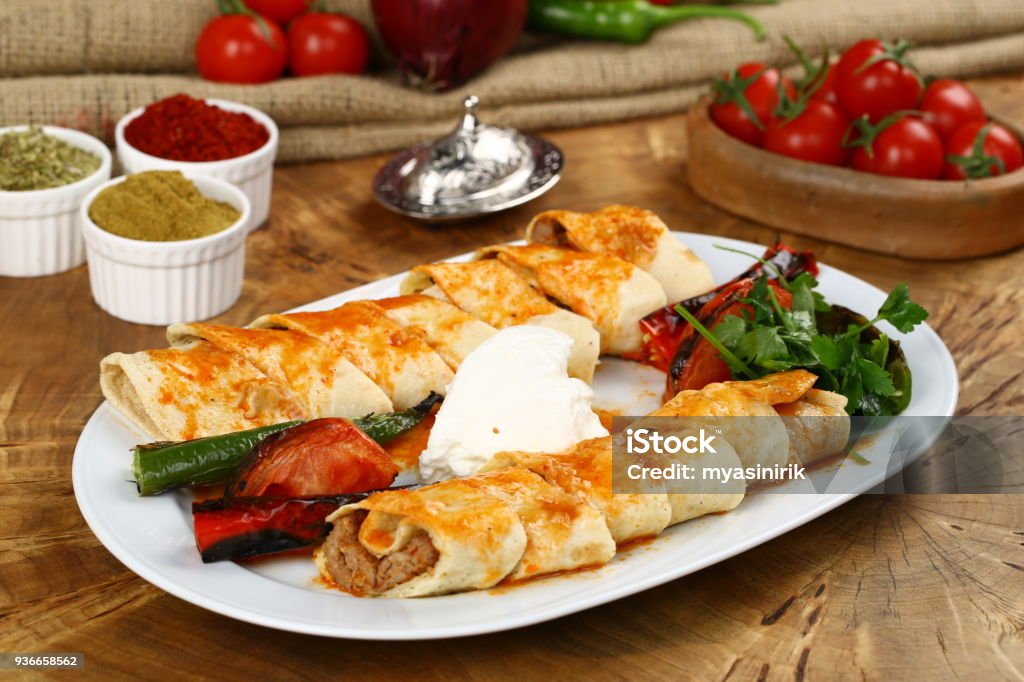 Beyti Kebap - Turkish traditional food Dinner, Food, Barbecue, Barbecue Grill, Crockery Animal Stock Photo