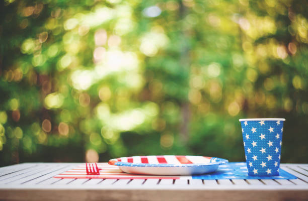 istock Fourth of July party table setting outside 936675132
