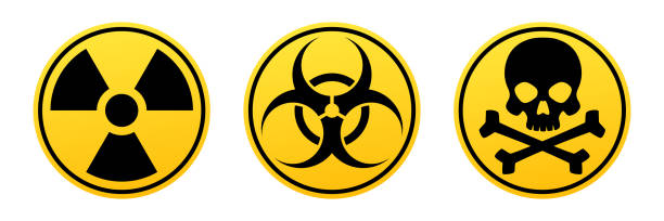 위험 노란색 벡터 서명 한다입니다. 방사선 기호, 생물 학적 기호, 독성 기호입니다. - biochemical warfare biohazard symbol virus laboratory stock illustrations
