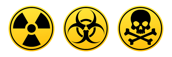 Danger yellow vector signs. Radiation sign, Biohazard sign, Toxic sign. Warning signs