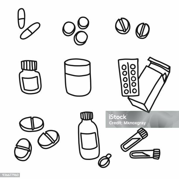 Medicine Cartoon Doodle Vector Illustration Stock Illustration - Download Image Now - Pill, Capsule - Medicine, Doodle