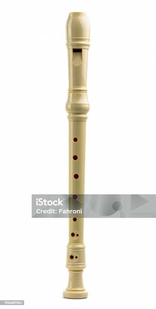 Soprano (Descant) recorder. Plastic recorder flute isolated on white background with copy space for text. Classical Baroque music instruments. Education on music class. Recorder - Musical Instrument Stock Photo