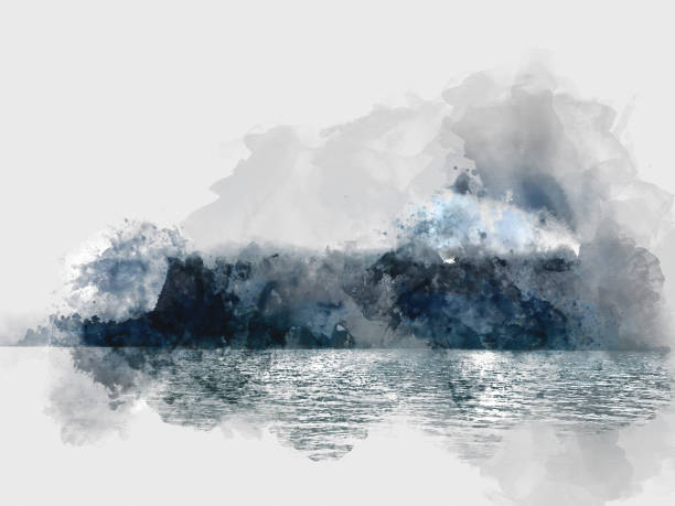 istock Abstract beautiful mountain silhouette, soft wave river and soft sunlight on oil watercolor painting background. 936685510