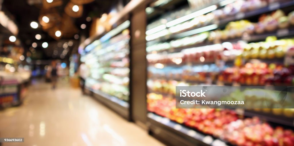 abstract blur organic fresh fruits and vegetable on grocery shelves in supermarket store defocused bokeh light background Supermarket Stock Photo