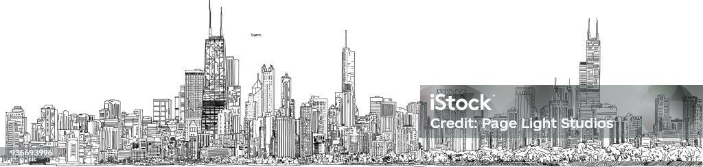 Vektor-Illustration. Panorama auf die Skyline von Chicago. Schwarz / weiß Tinte aussehen. - Lizenzfrei Chicago - Illinois Vektorgrafik