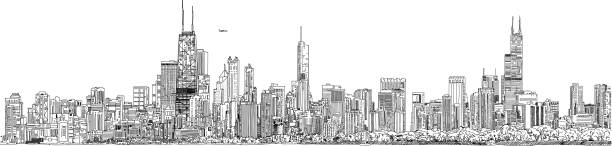 vektor-illustration. panorama auf die skyline von chicago. schwarz / weiß tinte aussehen. - architectural background illustrations stock-grafiken, -clipart, -cartoons und -symbole