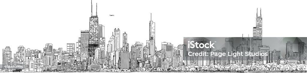 Ilustración de vector. Panorama de la ciudad de Chicago. Mirada de tinta blanco y negro. - arte vectorial de Chicago - Illinois libre de derechos
