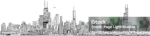 Vector Illustration Panorama Of The Chicago Skyline Black And White Ink Look Stock Illustration - Download Image Now