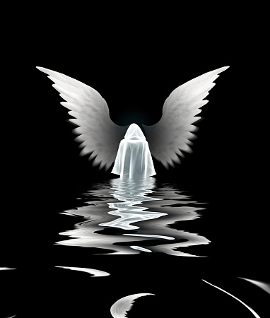 Figure in white cloak meets angel. Ripples on water surface
