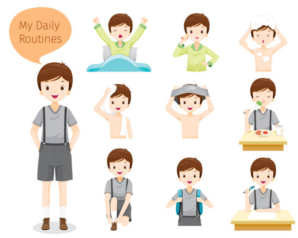 The Daily Routines Of Boy People, Activities, Habit, Lifestyle, Leisure, Hobby, Avocation boy getting dressed for school stock illustrations