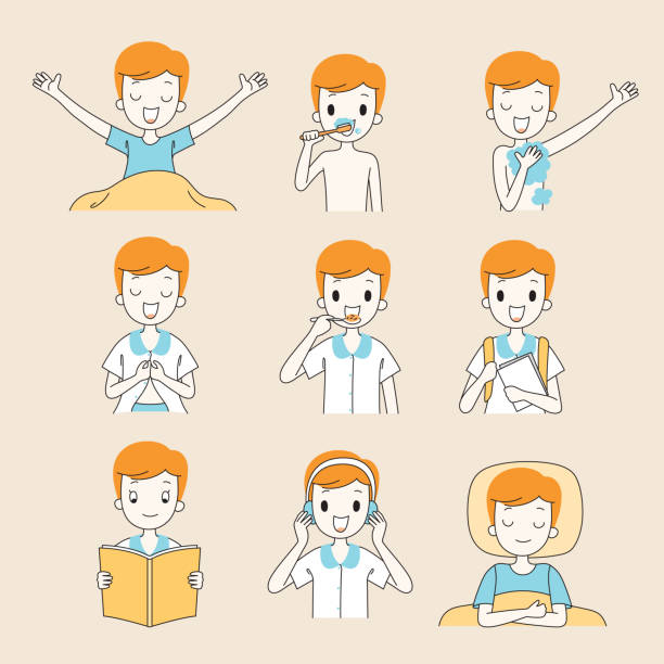 The Daily Routines Of Boy, Outline People, Activities, Habit, Lifestyle, Leisure, Hobby, Avocation boy getting dressed for school stock illustrations