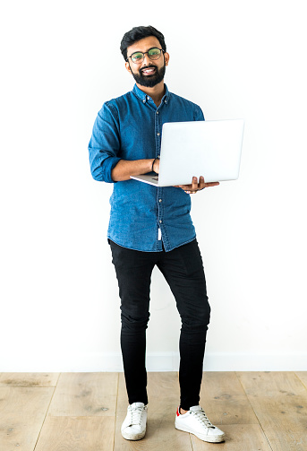 Man using laptop isolated on white background