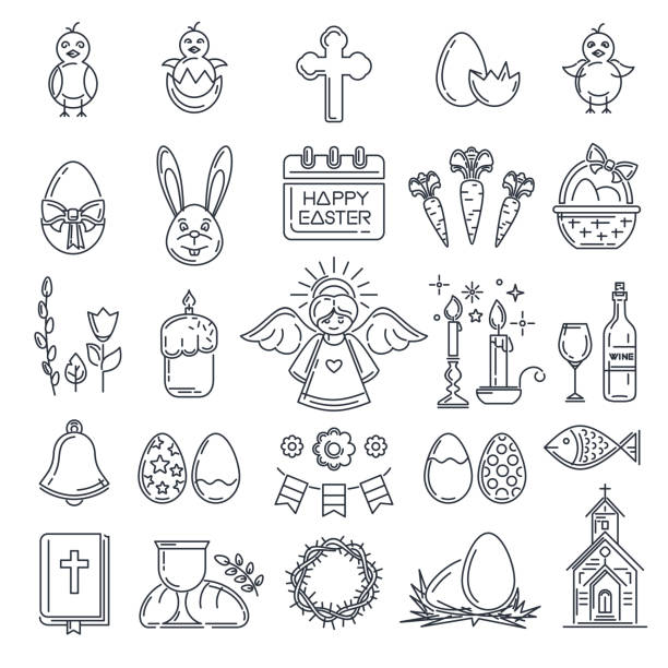 Easter line icon set Easter line icon set. Collection of symbols for the celebration of Easter. Easter design. Vector illustration easter easter egg eggs basket stock illustrations
