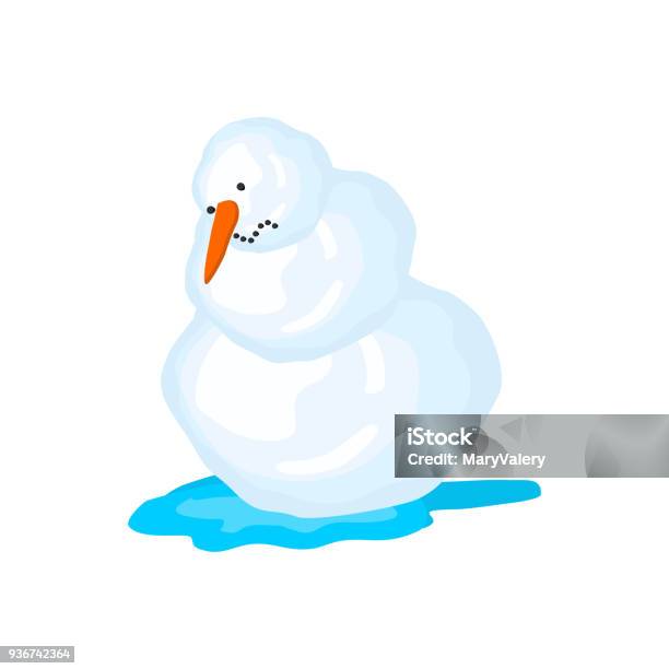 Snowman Melts Spring Comes Snow And Water Stock Illustration - Download Image Now - Snowman, Melting, Sadness