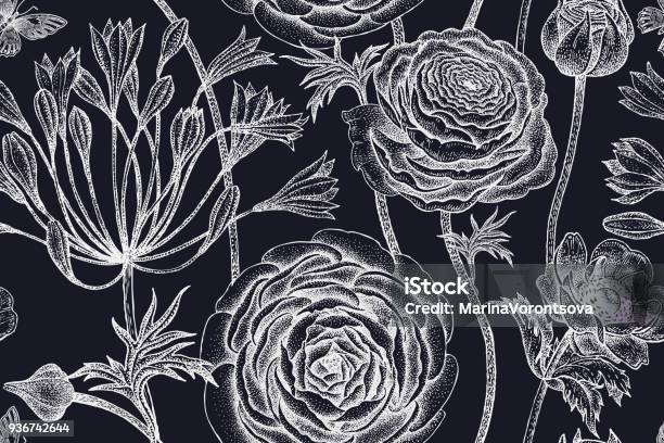Spring Patterns With Black Seamless Pattern With Spring Flowers White On Black Stock Illustration ...