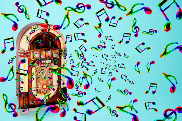 Retro jukebox with lots of colorful flying musical notes against blue background.