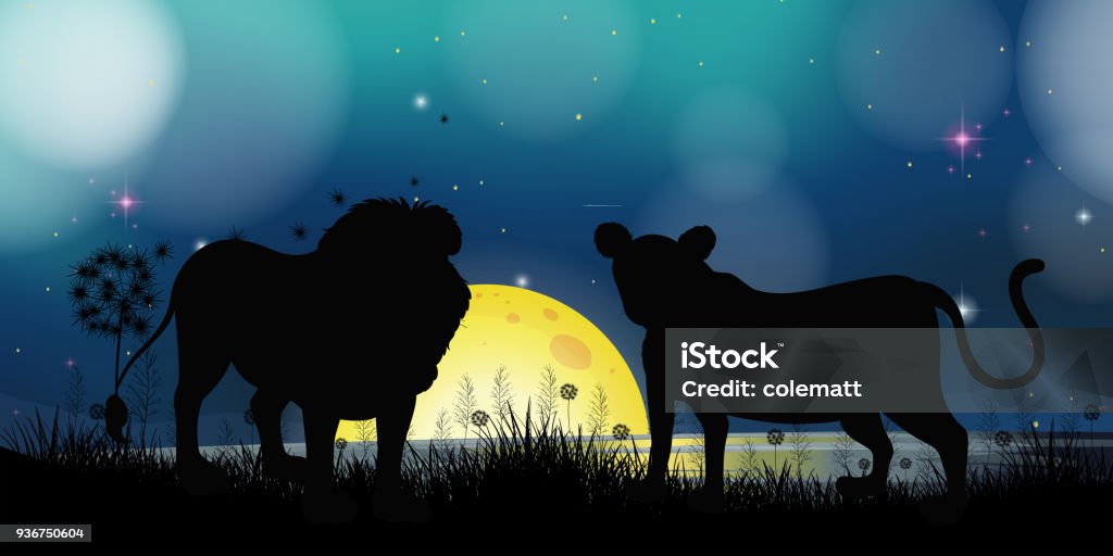 Background scene with silhouette lions Background scene with silhouette lions illustration Animal stock vector