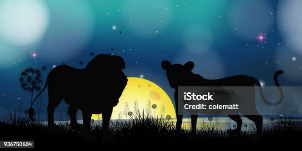 Background Scene With Silhouette Lions Stock Illustration - Download Image Now - Animal, Animal Wildlife, Art