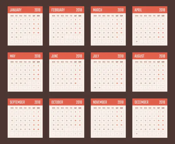 Vector illustration of calendar for 2018 starts monday, vector calendar design 2018 year