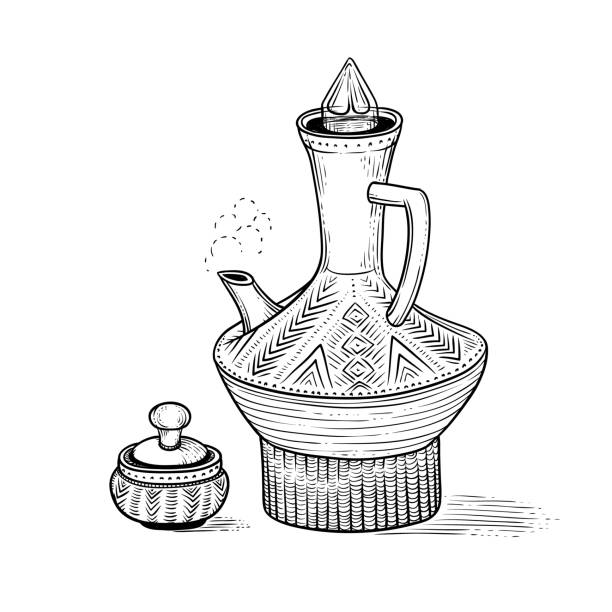 Ethiopian vintage coffeepot with a hot drink and figured pottery folk cup. National coffee ware. Vector sketch drawing engraving style. Illustration black and white items of coffee ceremony Ethiopian vintage coffeepot with a hot drink and figured pottery folk cup. National coffee ware. Vector sketch drawing engraving style. Illustration black and white items of coffee ceremony ancient ethiopia stock illustrations