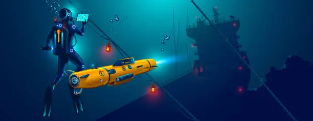 Vector illustration of Underwater autonomous robot exploration sea floor. Underwater drone with diver explorat the place shipwreck of ship.