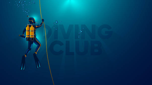 One scuba diver underwater. Back view. Diver look on big logo diving club underwater. Diver dives to the bottom of the sea, holding the rope, The sun's rays underwater. Scuba diving background. One scuba diver underwater. Back view. Diver look on big logo diving club underwater. Diver dives to the bottom of the sea, holding the rope, The sun's rays underwater. Scuba diving background. underwater diving stock illustrations