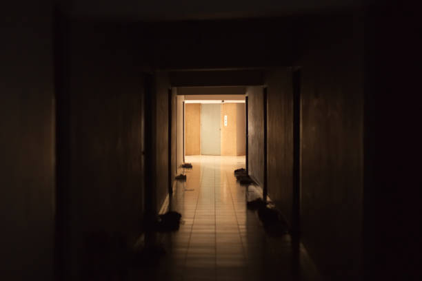 istock Dark corridors between rooms with light in destination 936762628