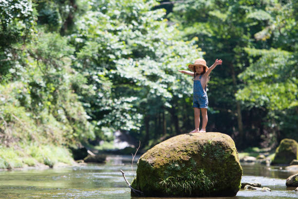 istock Little girl playing on a stream 936765322