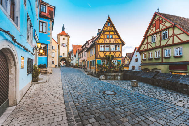 Old Town of Rothenburg ob der Tauber, Germany Historic town Rothenbourg ob der Tauber with colorful houses on street, Franconia, Bavaria, Deutschland. franconia stock pictures, royalty-free photos & images