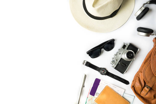 istock Top view of travel accessories on white table with copy space 936765614