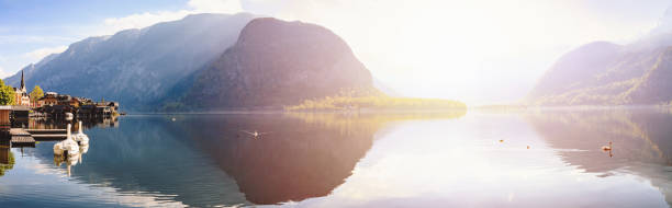 istock Panoramic view of  Village and Hallstatter See lake in Austria 936765742