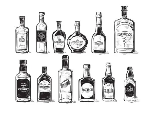 Vector illustration of set of bottles for alcohol