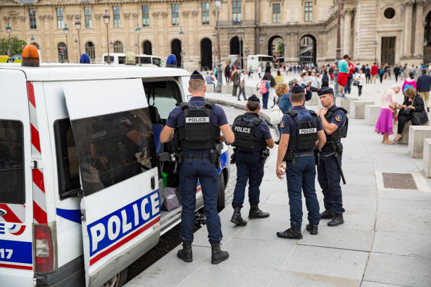 French police controlling the streets of Paris stock photo