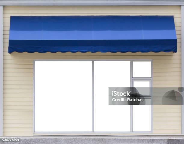 Blue Awning Over Glass Window Of The Office Stock Photo - Download Image Now - Awning, Store, Blue