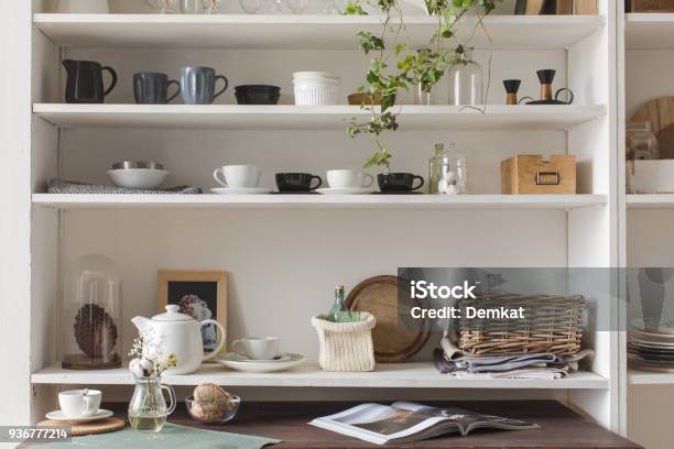 Kitchen Shelves With Utensil Stock Photo - Download Image Now - Apartment, Crockery, Domestic Kitchen