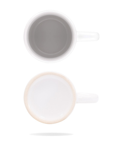 White top and bottom view ceramic mug on isolated background with clipping path. Blank drink cup for your design.