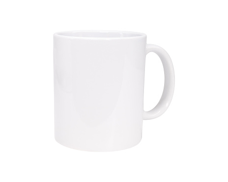 White ceramic handle mug on isolated background with clipping path. Blank drink cup for your design.