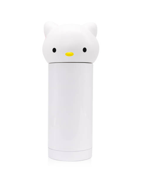 Kid water bottle on isolated background with clipping path. Cat face container for take to school or your design.