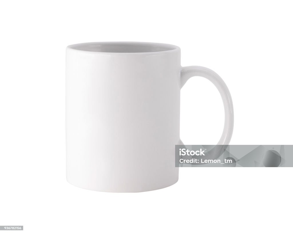 White mug on isolated background with clipping path. Blank drink cup for your design. Mug Stock Photo