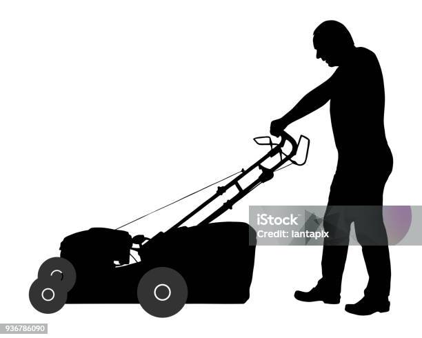 Man With Lawnmower Stock Illustration - Download Image Now - Adult, Adults Only, Black Color