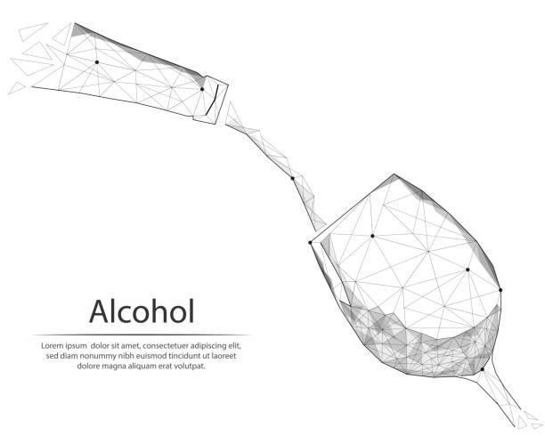 ilustraciones, imágenes clip art, dibujos animados e iconos de stock de imagen abstracta de la botella y copa de vino en forma de puntos y líneas, que consiste en triángulos y formas geométricas. fondo de vector de baja poli. - glass drink alcohol red