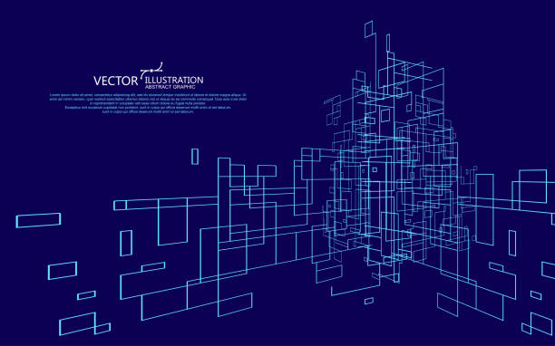 illustrations, cliparts, dessins animés et icônes de la figure abstraite des lignes, la conception de l’espace virtuel. - construction frame technology cube built structure