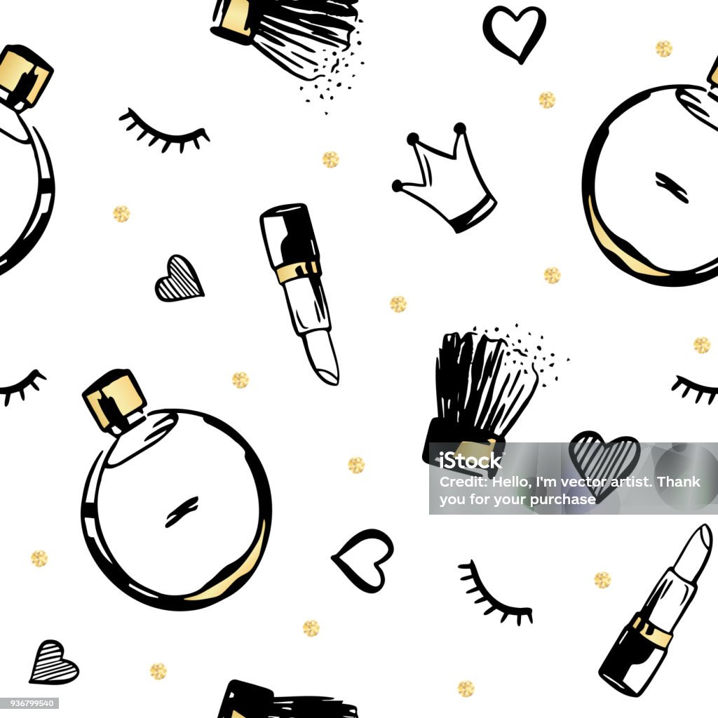 Vector seamless pattern with fashion cosmetics Vector hand drawn fashion illustration with cosmetics, perfume, lipstick and hearts etc. Beauty vector illustration  on white with gold elements, little confetti. Seamless pattern. Face Powder stock vector