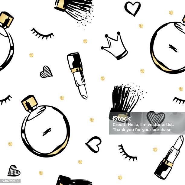 Vector Seamless Pattern With Fashion Cosmetics Stock Illustration - Download Image Now - Face Powder, Lipstick, Paintbrush