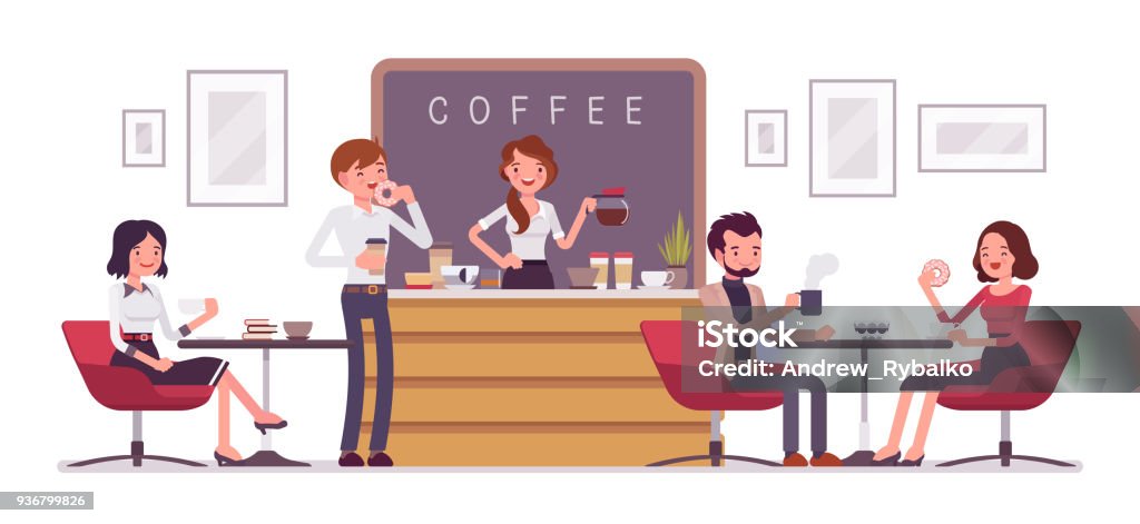 Tienda de café y personas relajantes - arte vectorial de Café - Bebida libre de derechos