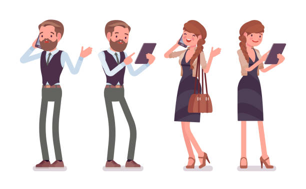 illustrations, cliparts, dessins animés et icônes de employé de bureau de mâles et femelles assez beau permanent avec téléphone - dandy