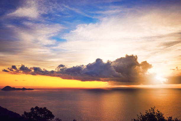 Beautiful view of the sea with shelves at sunset.