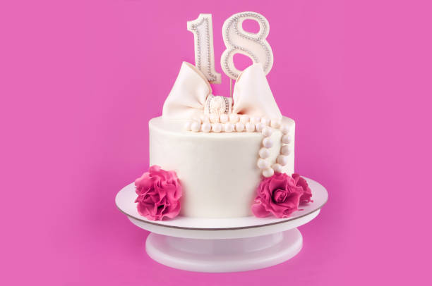 istock White cake for 18 years on a pink background. 936801546
