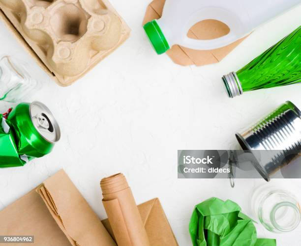 Garbage On Abstract White Background For Recycling Or Reuse Concept Stock Photo - Download Image Now