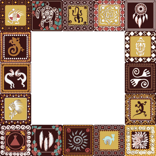 кадр с узором квадратов с имитацией элементов наскального искусства древних индейцев, ацтеков, пещерных людей - anasazi stock illustrations
